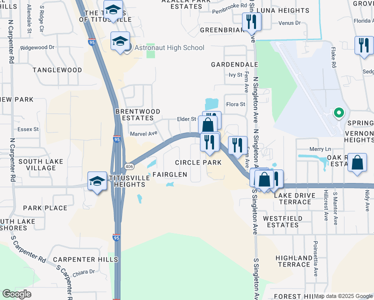 map of restaurants, bars, coffee shops, grocery stores, and more near 284 West Towne Place in Titusville