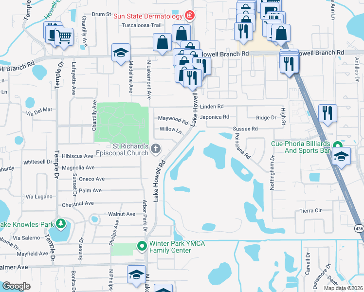 map of restaurants, bars, coffee shops, grocery stores, and more near 5201 Lake Howell Road in Winter Park