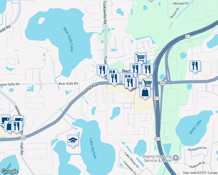 map of restaurants, bars, coffee shops, grocery stores, and more near 3645 Aloma Avenue in Oviedo