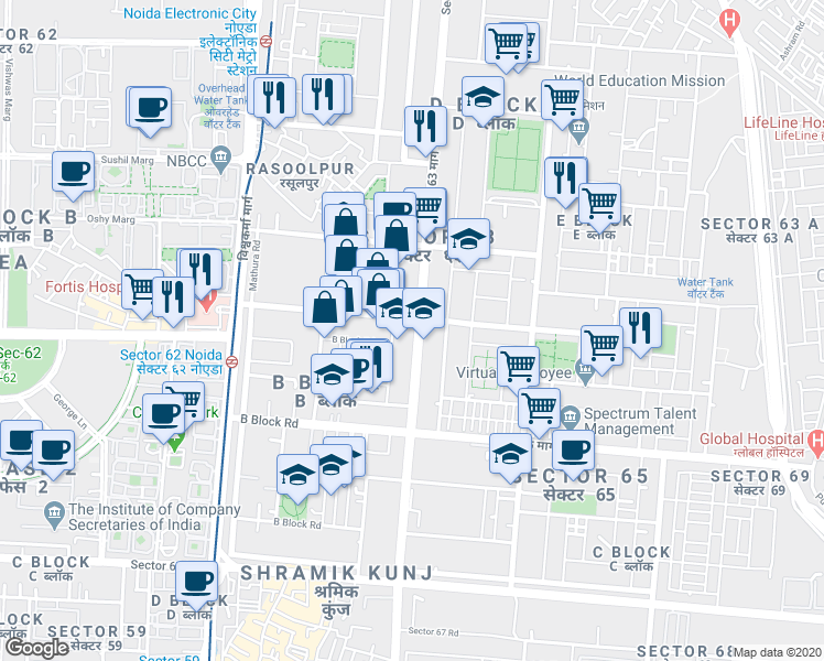 map of restaurants, bars, coffee shops, grocery stores, and more near in Noida