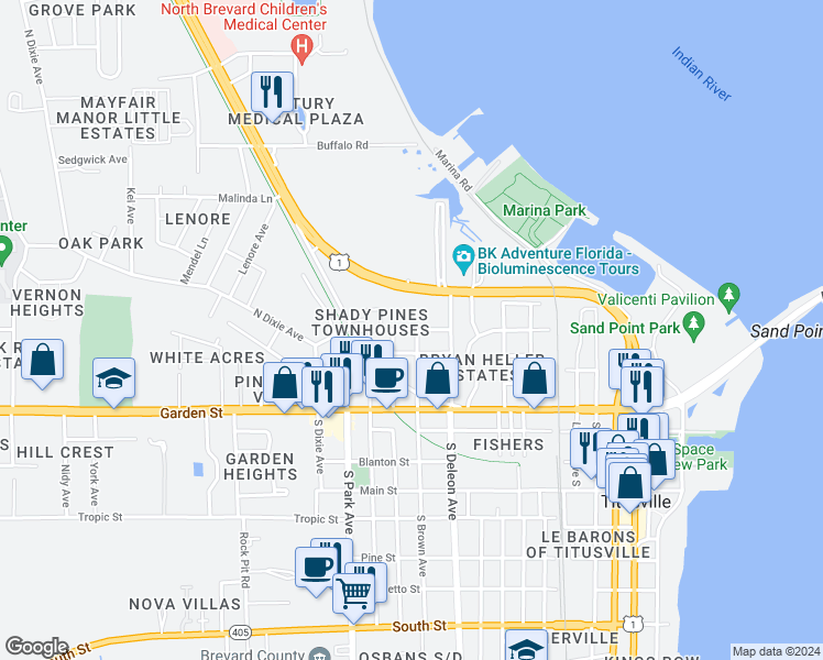 map of restaurants, bars, coffee shops, grocery stores, and more near 1119 Jones St in Titusville