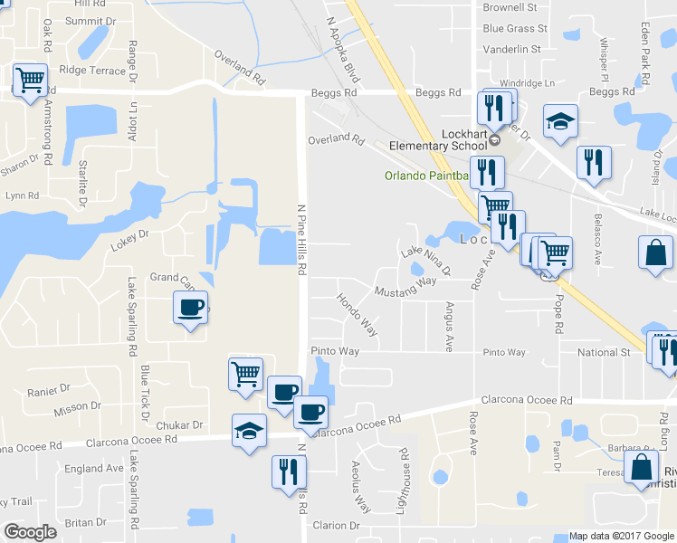 map of restaurants, bars, coffee shops, grocery stores, and more near 5397 Mustang Way in Orlando
