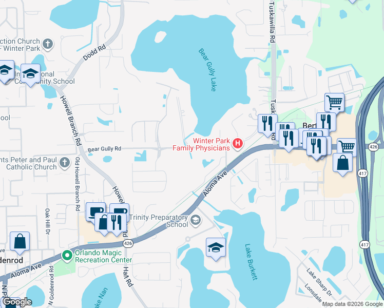 map of restaurants, bars, coffee shops, grocery stores, and more near 4100 Bear Gully Road in Winter Park