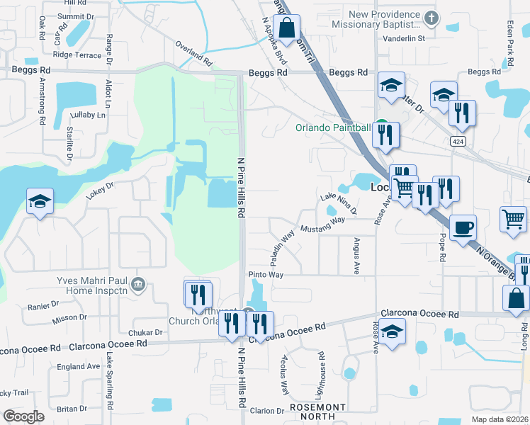 map of restaurants, bars, coffee shops, grocery stores, and more near 5397 Mustang Way in Orlando