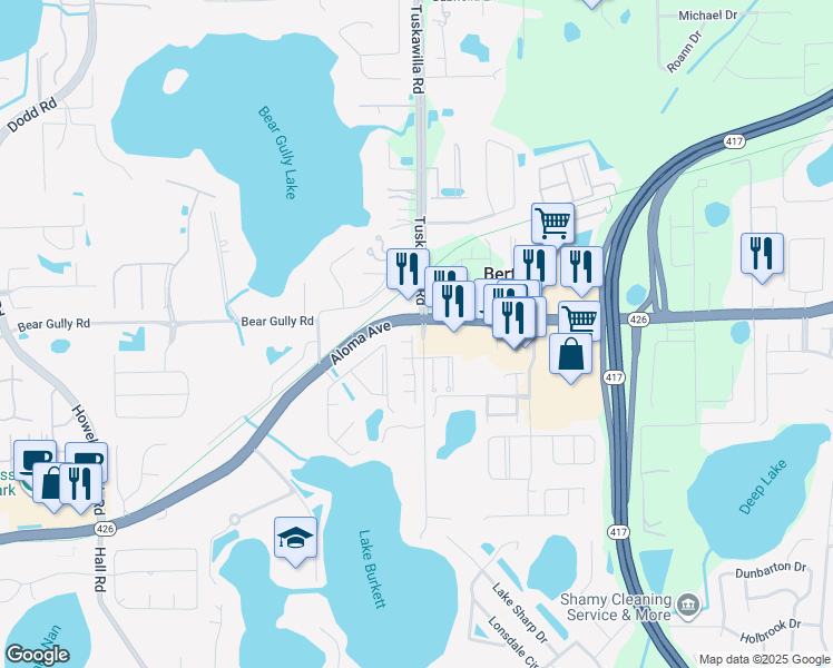map of restaurants, bars, coffee shops, grocery stores, and more near 3705 Aloma Avenue in Winter Park