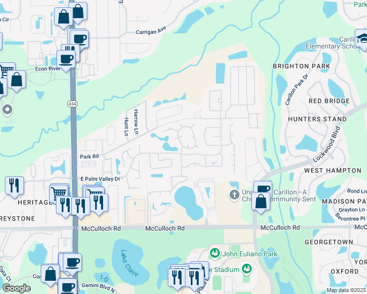 map of restaurants, bars, coffee shops, grocery stores, and more near 3679 Nassau Circle in Oviedo