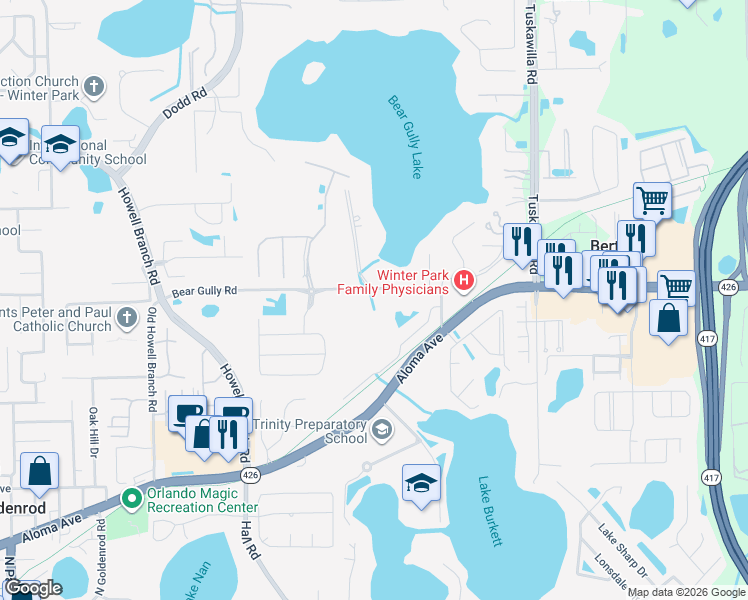 map of restaurants, bars, coffee shops, grocery stores, and more near 4100 Bear Gully Road in Winter Park