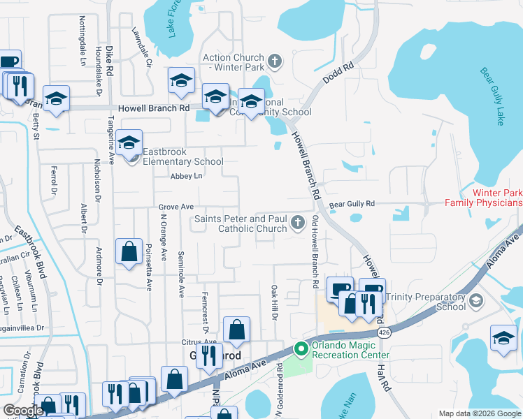 map of restaurants, bars, coffee shops, grocery stores, and more near 7523 Dockside Street in Winter Park