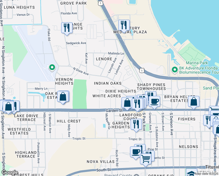 map of restaurants, bars, coffee shops, grocery stores, and more near 400 Indian Oaks Court in Titusville