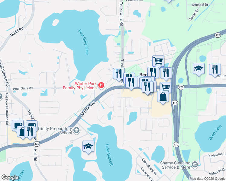 map of restaurants, bars, coffee shops, grocery stores, and more near 3705 Aloma Avenue in Winter Park