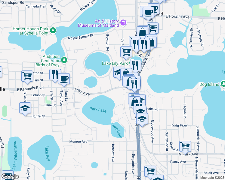 map of restaurants, bars, coffee shops, grocery stores, and more near 302 Lake Avenue in Maitland