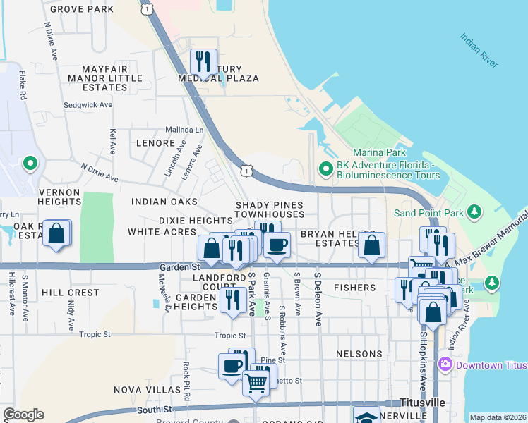 map of restaurants, bars, coffee shops, grocery stores, and more near 1264 Shady Pines Lane in Titusville