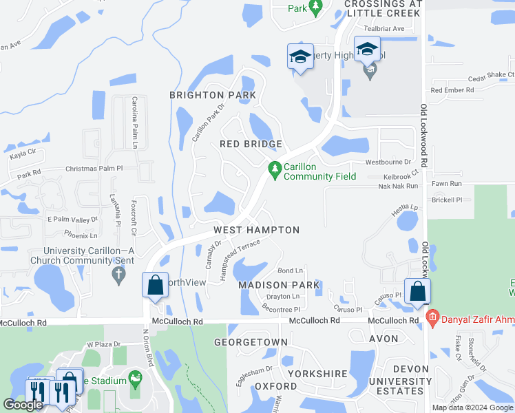 map of restaurants, bars, coffee shops, grocery stores, and more near 3832 Carnaby Drive in Oviedo