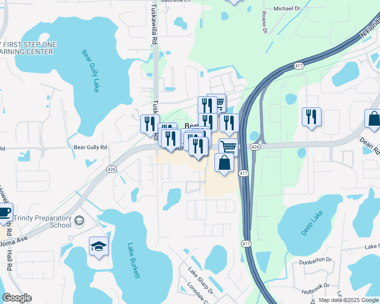 map of restaurants, bars, coffee shops, grocery stores, and more near 3607 Aloma Avenue in Oviedo