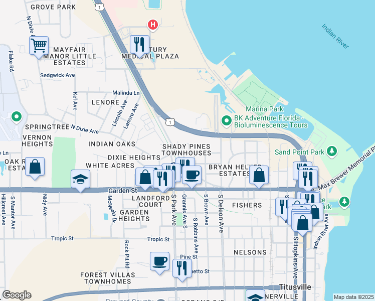 map of restaurants, bars, coffee shops, grocery stores, and more near 1226 Jones Street in Titusville