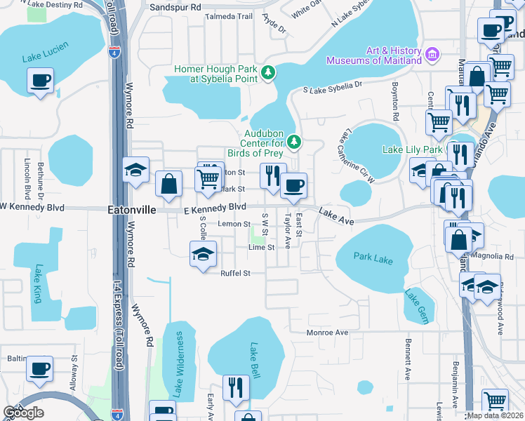 map of restaurants, bars, coffee shops, grocery stores, and more near 426 East Kennedy Boulevard in Eatonville