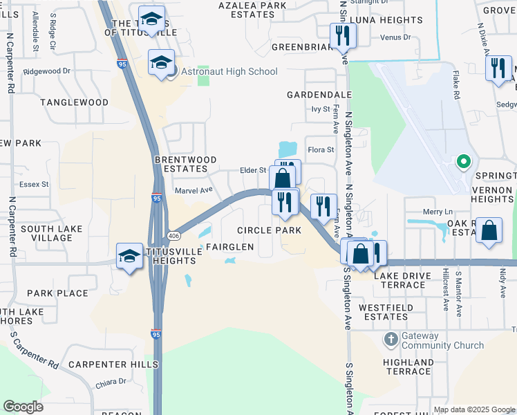 map of restaurants, bars, coffee shops, grocery stores, and more near 226 West Towne Place in Titusville