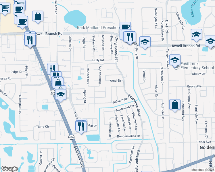 map of restaurants, bars, coffee shops, grocery stores, and more near 2076 Leanne Court in Winter Park