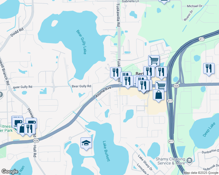 map of restaurants, bars, coffee shops, grocery stores, and more near 3705 Aloma Avenue in Winter Park