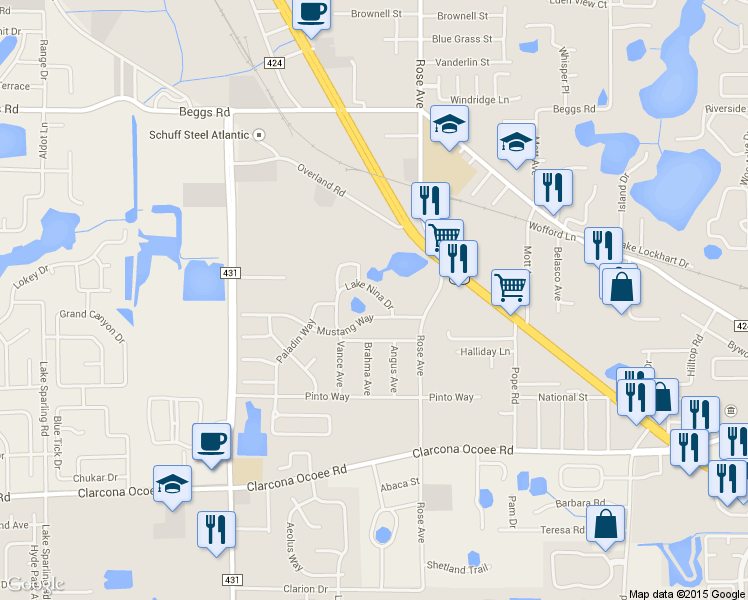map of restaurants, bars, coffee shops, grocery stores, and more near 5124 Lake Nina Drive in Orlando