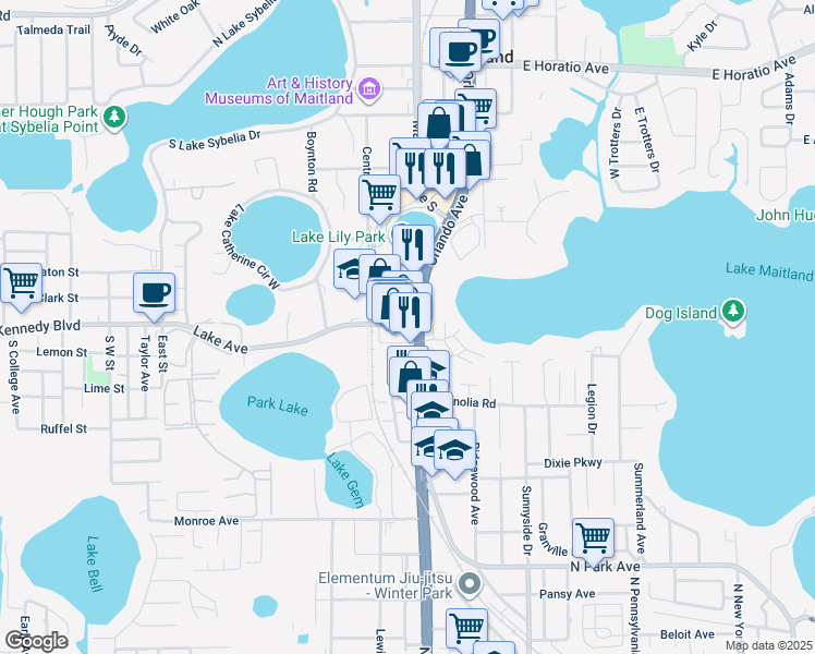 map of restaurants, bars, coffee shops, grocery stores, and more near 120 Lake Avenue in Maitland