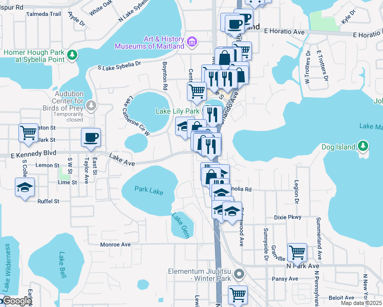 map of restaurants, bars, coffee shops, grocery stores, and more near 304 Lake Avenue in Maitland