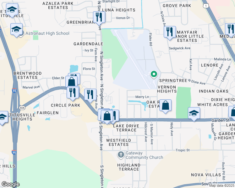 map of restaurants, bars, coffee shops, grocery stores, and more near 320 North Hilltop Drive in Titusville