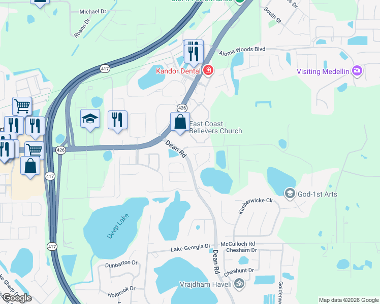 map of restaurants, bars, coffee shops, grocery stores, and more near 5446 County Fair Court in Oviedo