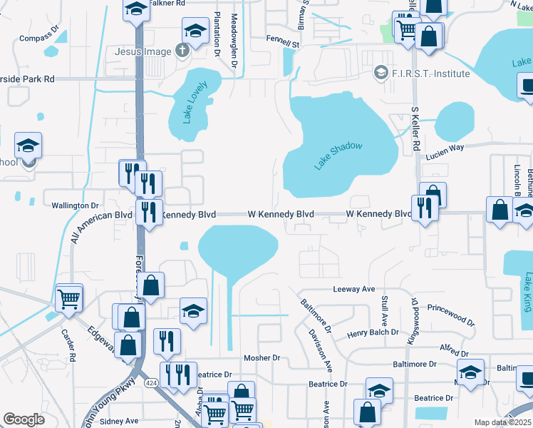 map of restaurants, bars, coffee shops, grocery stores, and more near 2401 West Kennedy Boulevard in Orlando