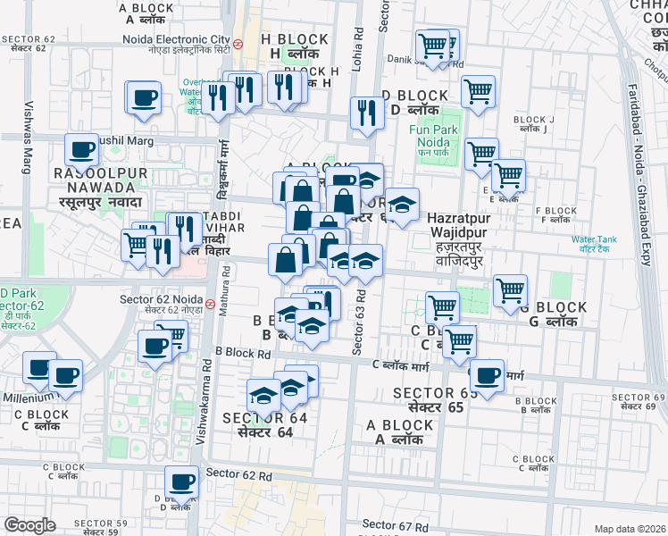 map of restaurants, bars, coffee shops, grocery stores, and more near in Noida
