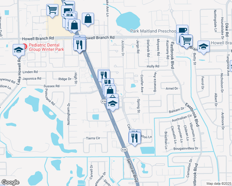 map of restaurants, bars, coffee shops, grocery stores, and more near 2320 Inagua Way in Winter Park