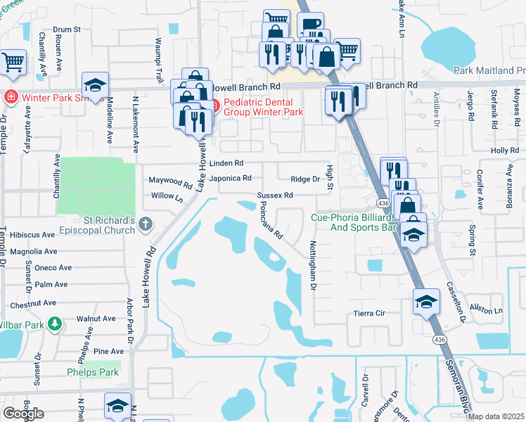 map of restaurants, bars, coffee shops, grocery stores, and more near Poinciana Road in Seminole County