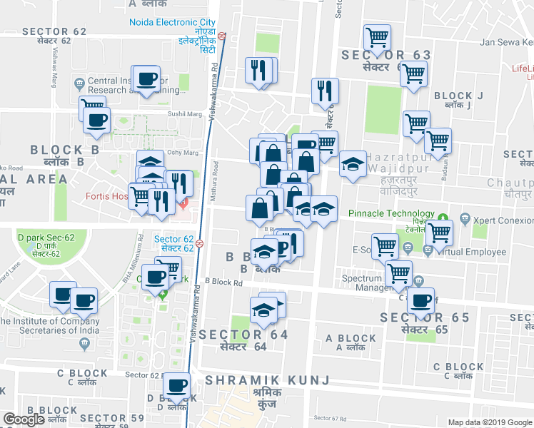 map of restaurants, bars, coffee shops, grocery stores, and more near in Noida