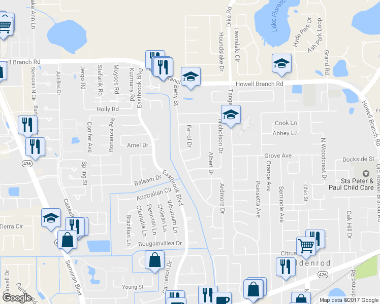 map of restaurants, bars, coffee shops, grocery stores, and more near 5409 Ferrol Drive in Winter Park