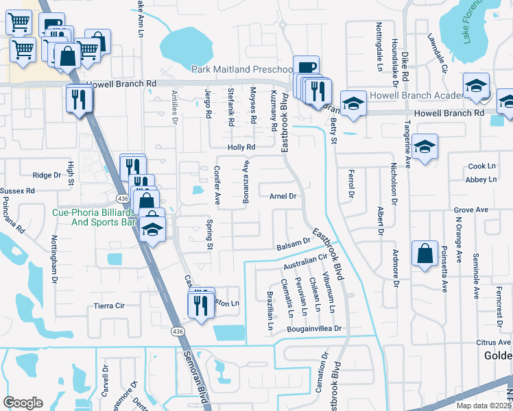 map of restaurants, bars, coffee shops, grocery stores, and more near 2083 Leanne Court in Winter Park