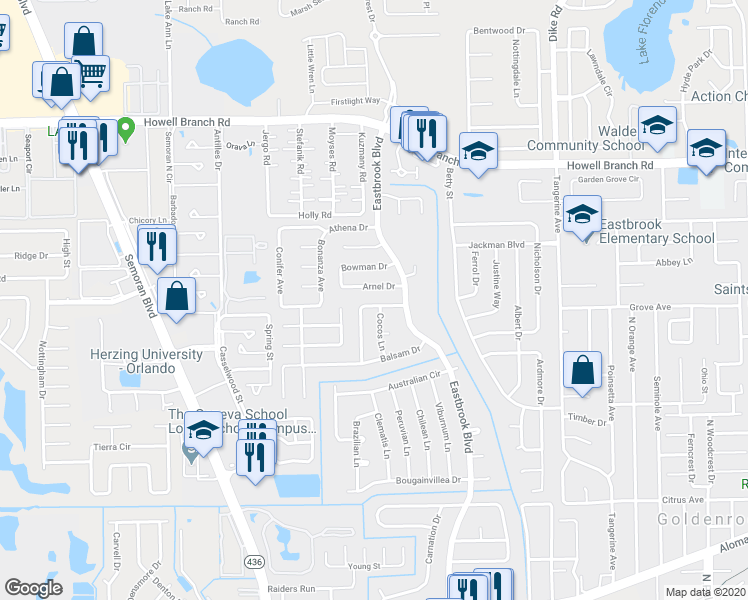 map of restaurants, bars, coffee shops, grocery stores, and more near 3417 Ferndell Drive in Winter Park