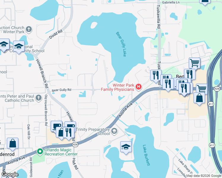 map of restaurants, bars, coffee shops, grocery stores, and more near 4100 Bear Gully Road in Winter Park