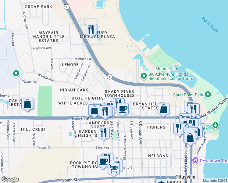 map of restaurants, bars, coffee shops, grocery stores, and more near 1264 Shady Pines Lane in Titusville