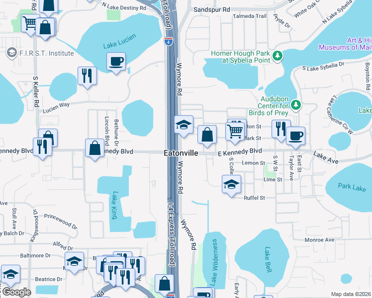 map of restaurants, bars, coffee shops, grocery stores, and more near 15 East Kennedy Boulevard in Eatonville