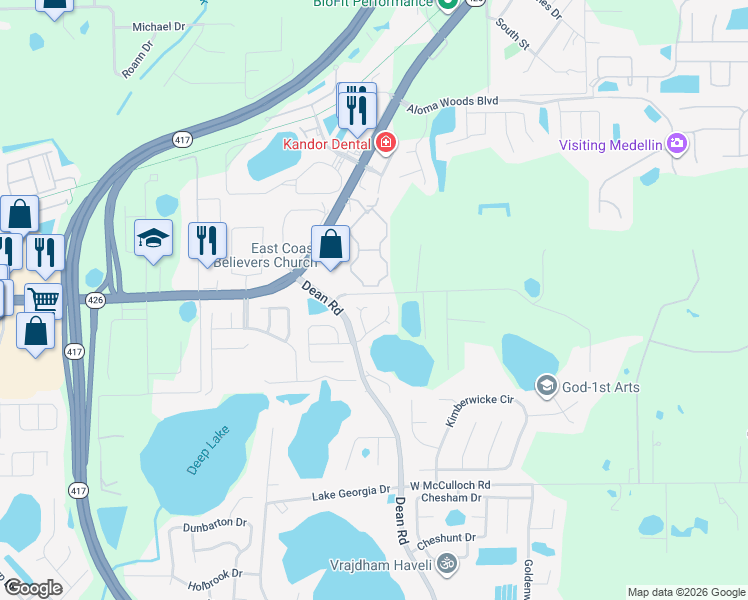 map of restaurants, bars, coffee shops, grocery stores, and more near 5451 County Fair Court in Oviedo