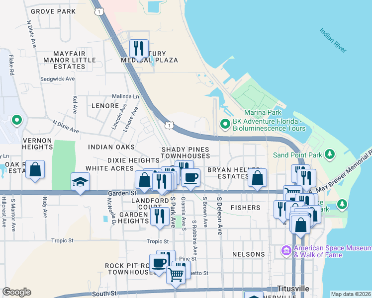 map of restaurants, bars, coffee shops, grocery stores, and more near 500 North Washington Avenue in Titusville