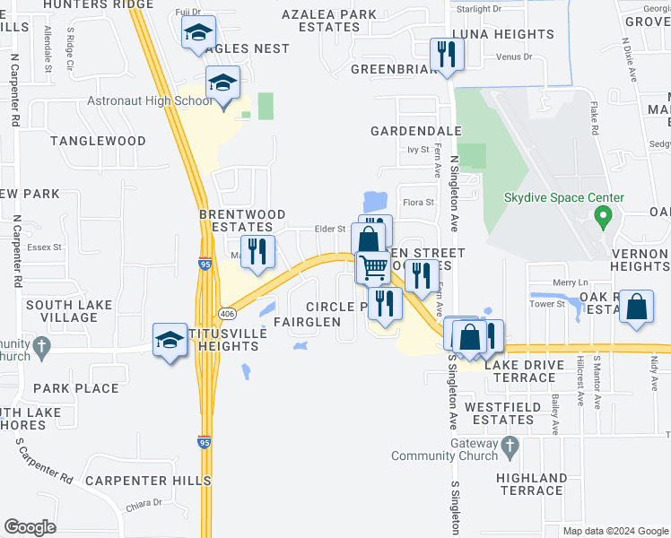 map of restaurants, bars, coffee shops, grocery stores, and more near 292 West Towne Place in Titusville