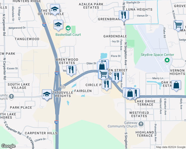 map of restaurants, bars, coffee shops, grocery stores, and more near 294 West Towne Place in Titusville
