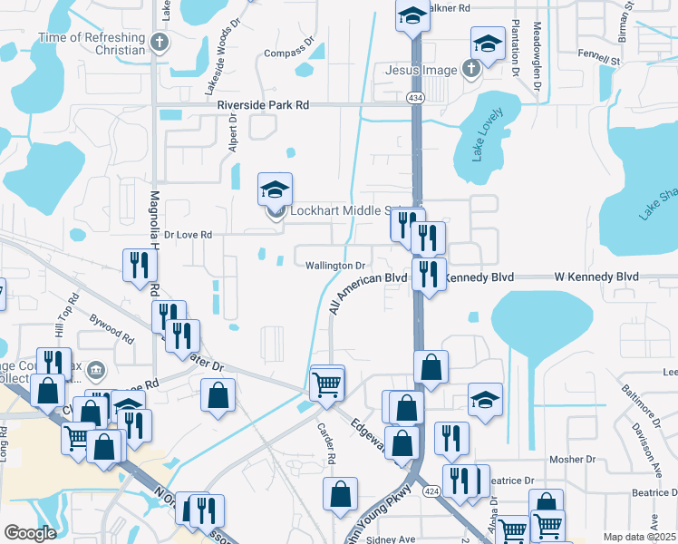 map of restaurants, bars, coffee shops, grocery stores, and more near 3106 Wallington Drive in Orlando