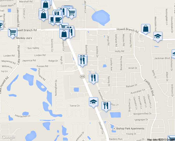 map of restaurants, bars, coffee shops, grocery stores, and more near 1780 Florida 436 in Winter Park