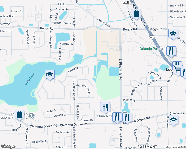 map of restaurants, bars, coffee shops, grocery stores, and more near 5902 Long Peak Drive in Orlando