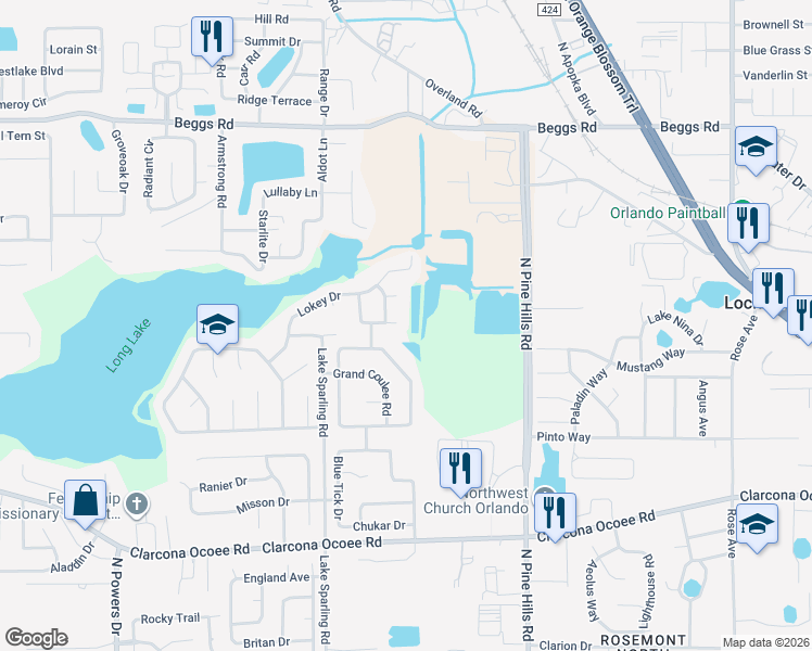 map of restaurants, bars, coffee shops, grocery stores, and more near 5902 Long Peak Drive in Orlando
