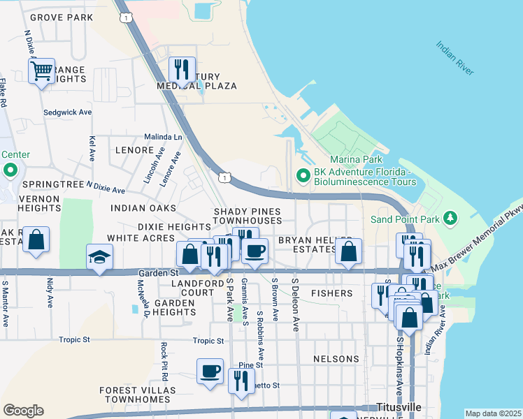 map of restaurants, bars, coffee shops, grocery stores, and more near 500 North Washington Avenue in Titusville