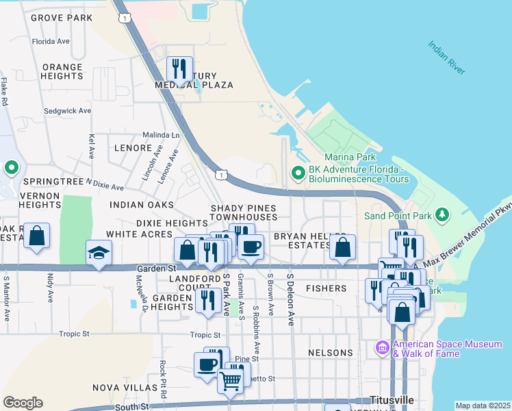 map of restaurants, bars, coffee shops, grocery stores, and more near 500 North Washington Avenue in Titusville