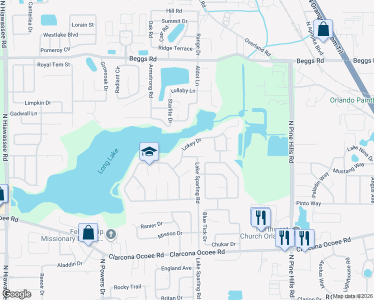 map of restaurants, bars, coffee shops, grocery stores, and more near 6019 Powder Post Drive in Orlando